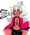  bad_id bad_tumblr_id bike_shorts cropped_legs drunk eyebrows fang grandmastag horns long_hair navel no_bra oni open_clothes original oversized_clothes pointy_ears red_skin silver_hair solo tattoo thick_eyebrows yellow_eyes 