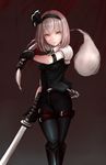  alternate_costume arm_strap black_gloves boots chain dual_wielding gloves hair_ribbon holding katana knee_boots konpaku_youmu konpaku_youmu_(ghost) looking_at_viewer orange_eyes pants puffy_sleeves red_eyes ribbon sashimi_(adam026) shirt short_sleeves silver_hair solo sword thigh_strap touhou vest walking weapon 