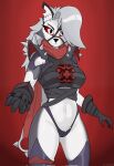2025 5_fingers anthro black_clothing black_legwear black_nose breasts canid canid_demon canine canis clothed clothing dark_clothing demon digital_drawing_(artwork) digital_media_(artwork) female fingers gloves grey_hair hair handwear hellhound helluva_boss hi_res legwear long_hair loona_(helluva_boss) malice_loona_(mangakitsune2) mammal marvel marvel_rivals multicolored_body mythological_canine mythological_creature mythology red_eyes s-hard simple_background solo spikes stockings two_tone_body white_body white_eyes wolf