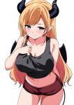  1girl absurdres alternate_costume black_shirt blonde_hair blush breasts cleavage demon_girl demon_horns demon_tail demon_wings green_eyes highres hololive horns kishishi_(kishiman-ya) large_breasts long_hair looking_at_viewer navel pointy_ears red_shorts shirt shorts tail very_long_hair virtual_youtuber white_background wings yuzuki_choco 