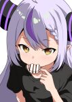  1girl absurdres ahoge alternate_costume black_shirt cookie demon_girl demon_horns food grey_hair highres hololive horns kishishi_(kishiman-ya) la+_darknesss long_hair looking_at_viewer mouth_hold multicolored_hair pointy_ears purple_hair shirt streaked_hair very_long_hair virtual_youtuber white_background yellow_eyes 