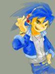  blue_hair cropped_jacket denim green_eyes hand_on_hip headphones humanization jeans male_focus manaita pants solo sonic sonic_the_hedgehog spiked_hair watch wristwatch 