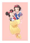  2girls animal_ears apple black_hair bow disney dress food fruit highres holding minnie_mouse mouse_ears mouse_girl mouse_tail multiple_girls puffy_short_sleeves puffy_sleeves red_bow short_hair short_sleeves smile snow_white_(disney) snow_white_and_the_seven_dwarfs tail takatmaorange 