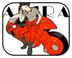  1boy akira_(manga) arm_up black_hair clothes_around_waist commentary_request copyright_name crew_neck drops_bkr goggles goggles_around_neck grey_shirt jacket jacket_around_waist kaneda_shoutarou&#039;s_bike kaneda_shoutarou_(akira) limited_palette looking_ahead male_focus motor_vehicle motorcycle pants profile red_jacket red_pants shirt short_hair short_sleeves sitting smoke smoke_trail smoking solo t-shirt white_background 