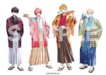  4boys :d ahoge akagi_wen alcohol aqua_hair bandaid bandaid_on_cheek bandaid_on_face black_hair black_kimono blonde_hair blue_eyes blue_hair blue_hakama blue_kimono brown_hakama closed_mouth cloud_print copyright_notice creature creature_on_shoulder crossed_arms crossed_bangs cup earrings egasumi folding_fan full_body gradient_hair grin hagoita hair_between_eyes hair_ornament hakama hand_fan hand_on_own_hip haori haori_himo hibachi_mana holding holding_cup holding_fan holding_paddle jacket japanese_clothes jewelry kimono leaf_print lightning_bolt_hair_ornament lightning_bolt_print lightning_bolt_symbol lineup long_sleeves looking_at_viewer male_focus masu multicolored_hair multiple_boys nijisanji on_shoulder open_clothes open_jacket orange_eyes orange_hair orange_jacket oriens_(nijisanji) paddle parted_lips patterned_clothing pink_hair pink_jacket purple_eyes purple_jacket red_kimono saiki_ittetsu sake sample_watermark sandals short_hair simple_background single_earring smile socks standing streaked_hair sweets_paradise tabi usami_rito virtual_youtuber watermark white_background white_hakama white_kimono white_socks woonak yellow_eyes yellow_hakama yellow_jacket zouri 