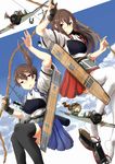  aircraft airplane akagi_(kantai_collection) archery arrow black_legwear blush bow_(weapon) brown_eyes brown_hair clog_sandals failure_penguin fairy_(kantai_collection) flight_deck flight_goggles gloves hakama_skirt hat highres hitode_(ziburi) jacket japanese_clothes kaga_(kantai_collection) kantai_collection kyuudou long_hair multiple_girls muneate open_mouth partly_fingerless_gloves quiver short_hair side_ponytail single_glove skirt tasuki thighhighs type_0_fighter_model_52 weapon white_legwear yugake 