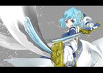  arm_behind_back bad_id bad_pixiv_id blue_eyes blue_hair cape dual_wielding gloves hair_ornament hairclip highres holding magical_girl mahou_shoujo_madoka_magica mahou_shoujo_madoka_magica_movie miki_sayaka outstretched_arm s040784 short_hair smile solo sword weapon white_gloves white_legwear 
