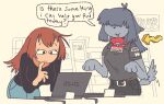 anthro arm_tuft asus bangs belt_buckle black_nose buckle canid canine clothing collar computer directional_arrow duo dvd elbow_tuft electronics employee_uniform farfin female grey_body human laptop looking_at_computer looking_at_laptop looking_at_object mammal movement name_tag obscured_eyes paws polo_shirt question_mark raised_finger raised_paw red_collar retail shirt shopping speech_bubble store tail tail_motion tailwag topwear tuft wavy_arrow
