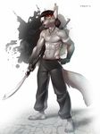  abs anthro bandage bandanna barefoot biceps black_hair canine claws clothing fur glaive grey_fur grey_nose guan_dao hair headband male mammal miles_df muscles necklace nipples pants pecs polearm pose solo staff standing toe_claws toned topless weapon wolf 
