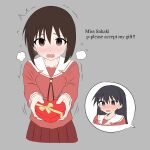  2girls 64vii ^^^ azumanga_daioh azumanga_daioh&#039;s_school_uniform black_eyes black_hair blunt_ends blush bob_cut box box_of_chocolates breasts brown_eyes brown_hair collarbone commentary confession cropped_legs embarrassed english_text flat_color flying_sweatdrops from_above gift gift_box grey_background hair_between_eyes heart-shaped_box highres holding holding_gift incoming_food incoming_gift inverted_bob kaori_(azumanga_daioh) long_hair long_sleeves looking_at_viewer looking_up multiple_girls neck_ribbon nervous nervous_sweating nose_blush open_mouth pink_serafuku pink_shirt pink_trim pleated_skirt pov puff_of_air raised_eyebrows red_ribbon red_skirt ribbon romaji_commentary sailor_collar sakaki_(azumanga_daioh) school_uniform serafuku shirt short_hair simple_background skirt small_breasts solo_focus speech_bubble spoken_character steam straight-on sweat sweatdrop trembling upturned_eyes valentine wavy_mouth white_sailor_collar white_trim winter_uniform worried yellow_ribbon yuri 