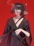  1girl black_hair black_kimono cigarette hand_on_sheath highres hsh7955 japanese_clothes kimono limbus_company long_sleeves looking_at_viewer open_mouth project_moon red_background red_eyes ryoshu_(project_moon) scar scar_on_face short_hair shoulder_tattoo smile smoking solo tattoo unsheathed 
