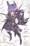  alternate_costume boots breasts eyepatch fairy_(kantai_collection) gloves headgear kantai_collection left-handed medium_breasts necktie open_mouth purple_hair school_uniform sheath short_hair sword tenryuu_(kantai_collection) thighhighs torichamaru translation_request weapon yellow_eyes 