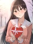 artist_name azumanga_daioh azumanga_daioh&#039;s_school_uniform black_hair blurry blurry_background blush box box_of_chocolates breasts brown_eyes cherry_blossoms collarbone commentary depth_of_field english_commentary gift gift_box head_tilt heart-shaped_box highres holding holding_box incoming_food incoming_gift large_breasts long_hair looking_at_viewer naoyuki_arts neck_ribbon outdoors parted_lips pink_shirt pink_trim pov red_ribbon ribbon sailor_collar sakaki_(azumanga_daioh) school_uniform shirt signature smile standing tree twitter_username upper_body valentine very_long_hair white_sailor_collar white_trim 