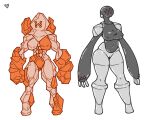 anthro armor armor_plates belly big_hands breasts crossgender duo eyelashes female generation_3_pokemon genitals grey_body heartear18 legendary_pokemon metallic_body multi_eye muscular nintendo nipple_outline orange_body pokemon pokemon_(species) pussy regirock registeel rock thick_thighs