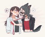  2girls anger_vein animal_ears bang_dream! bang_dream!_it&#039;s_mygo!!!!! bite_mark bite_mark_on_neck black_hair black_jacket black_shirt blue_eyes blush brown_hair closed_mouth criangle_k. cropped_torso dog_ears dog_girl dog_tail eye_contact grey_background hickey holding holding_leash jacket kemonomimi_mode leash long_hair looking_at_another midriff multiple_girls musical_note muzzle_(mask) navel purple_eyes red_shirt shiina_taki shirt spoken_anger_vein spoken_musical_note sweatdrop tail upper_body white_shirt yahata_umiri yuri 