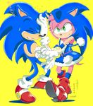  1girl amy_rose animal_ears blue_dress cosplay dress facepalm fake_animal_ears gloves green_eyes hat manaita pink_hair shoes sneakers socks sonic sonic_(cosplay) sonic_the_hedgehog sweatdrop white_gloves 