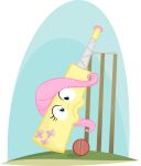 2014 absurd_res alpha_channel animate_inanimate bat_(object) cricket_(sport) cricket_ball cricket_bat cutie_mark female flutterbat_(mlp) fluttershy_(mlp) friendship_is_magic hair hasbro hi_res humor jittery-the-dragon looking_at_viewer my_little_pony pink_hair pun simple_background solo teal_eyes transparent_background visual_pun wicket wide_eyed yellow_body