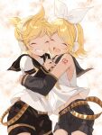  1boy 1girl :d ^_^ absurdres arm_warmers bare_shoulders belt black_sailor_collar black_shorts black_sleeves blonde_hair blush bow bright_background brother_and_sister cheek-to-cheek closed_eyes cowboy_shot detached_sleeves grin hair_bow hair_ornament hairclip happy headphones heads_together headset highres hug kagamine_len kagamine_rin kurozumip midriff midriff_peek mutual_hug navel neckerchief necktie number_tattoo open_mouth ponytail sailor_collar school_uniform shirt short_hair short_ponytail short_shorts short_sleeves shorts shoulder_tattoo siblings sleeveless sleeveless_shirt smile standing swept_bangs tattoo teeth twins vocaloid white_bow white_shirt yellow_neckerchief 