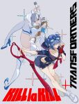  2girls absurdres anthonykaen black_shirt black_skirt blue_eyes blue_hair boots breasts cosplay eyewear_on_head fingerless_gloves gloves grey_background grey_hair high_heel_boots high_heels highres holding holding_sword holding_weapon humanization kill_la_kill kiryuuin_satsuki kiryuuin_satsuki_(cosplay) knee_up looking_at_viewer matoi_ryuuko matoi_ryuuko_(cosplay) medium_breasts medium_hair megatron multiple_girls optimus_prime panties pleated_skirt red_eyes red_gloves revealing_clothes scissor_blade_(kill_la_kill) shirt single_fingerless_glove skirt suspenders sword thigh_boots thighs transformers underwear weapon white_boots white_panties white_shirt white_shoes white_skirt 