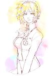  aegis_(persona) android bad_id bad_pixiv_id blonde_hair bow breasts kishi_kaisei looking_at_viewer medium_breasts monochrome persona persona_3 school_uniform short_hair simple_background solo spot_color 