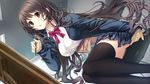  bow brown_eyes brown_hair game_cg giga kiss_ato long_hair seifuku takanashi_madoka thighhighs 