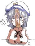  1girl ? black_ribbon blush breast_rest breasts breasts_on_table cabbie_hat commentary_request grey_hair hat hat_ornament highres jiangshi looking_at_viewer medium_breasts miyako_yoshika neck_ribbon ofuda parted_bangs purple_eyes purple_hat red_shirt ribbon shika_miso shirt short_hair simple_background solo spoken_question_mark star_(symbol) star_hat_ornament touhou upper_body white_background 