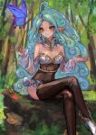  1girl :3 absurdres ahoge aqua_hair black_thighhighs breasts butter cleavage closed_mouth commentary_request commission corset crossed_legs curly_hair detached_collar earrings food forest frills grass hands_up heart heart-shaped_pupils highres horns jewelry long_sleeves looking_at_animal monster_girl nature original outdoors pixiv_commission pointy_ears puffy_long_sleeves puffy_sleeves red_pupils sabamiso_taro see-through_clothes see-through_sleeves single_earring sitting sitting_on_tree_stump slime_girl slime_hair solo symbol-shaped_pupils thighhighs virtual_youtuber white_shoes yellow_eyes 