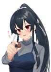  1girl absurdres alternate_costume black_camisole black_hair camisole chocolate commentary_request feeding food grey_sweater hair_ribbon highres holding holding_chocolate holding_food kantai_collection klashikari long_hair partial_commentary ponytail pov red_eyes ribbon solo sweater valentine white_ribbon yahagi_(kancolle) 