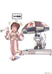  2girls abyssal_ship breasts brown_eyes brown_hair cherry_blossoms flower goldfish_scooping hair_bun hair_flower hair_ornament highres izumikuma japanese_clothes kantai_collection kimono large_breasts multiple_girls obi official_alternate_costume official_alternate_hairstyle pale_skin pink_kimono sandals sash supply_depot_princess white_hair wide_sleeves yamato_(kancolle) zouri 