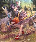  1girl animal animal_ears bloomers blue_eyes boar bug butterfly deer dress forest fox grey_hair holding holding_sword holding_weapon looking_at_viewer lord_of_vermilion mirror_hair_ornament nature outdoors parted_lips pine_tree puff_and_slash_sleeves puffy_sleeves red_shoes ribbon-trimmed_bloomers ribbon_trim simple_bird snow_white_(lord_of_vermilion) snow_white_and_the_seven_dwarfs so-taro solo sword tree weapon white_bloomers white_rabbit_(animal) yellow_dress 