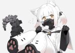 1girl animal_ear_fluff black_ribbon blue_archive blush clenched_hands coat colored_skin commentary_request ein_(blue_archive) extra_pupils flying_sweatdrops gradient_hair hair_ribbon highres kemonomimi_mode long_sleeves looking_at_viewer mask mechanical_hands mechanical_tail multicolored_hair paw_pose paw_print_soles pink_hair respirator ribbon sh_(shinh) short_hair sleeves_past_wrists solo symbol-shaped_pupils tail twintails two-tone_hair white_background white_coat white_hair white_skin wide_sleeves x-shaped_pupils yellow_eyes 