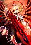  blonde_hair ex-rumia hair_ribbon halo highres open_mouth outstretched_arm red_eyes ribbon rumia short_hair skirt solo spark621 sword touhou weapon wings 