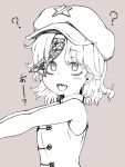  1girl ? breasts brown_background cabbie_hat chinese_clothes commentary_request fangs greyscale_with_colored_background hat hat_ornament highres jiangshi looking_at_viewer miyako_yoshika ofuda open_mouth outstretched_arms shika_miso shirt simple_background sleeveless sleeveless_shirt small_breasts smile solo star_(symbol) star_hat_ornament tangzhuang touhou upper_body zombie_pose 
