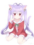  1girl absurdres ahoge animal_ear_fluff animal_ears antenna_hair bell cat_ears cat_tail closed_mouth collarbone commentary curled_fingers dress fluffy_legwear fur-trimmed_dress fur-trimmed_sleeves fur_trim green_ribbon hair_bell hair_ornament hand_up highres jitome kafka963 long_hair looking_at_viewer miyauchi_renge neck_ribbon non_non_biyori pom_pom_(clothes) purple_hair red_dress red_eyes ribbon santa_costume santa_dress signature simple_background sitting socks solo tail twintails wariza white_background white_socks 