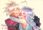  1girl ahoge blazblue bodysuit eyepatch happy_birthday heterochromia hug ingpink nu-13 ragna_the_bloodedge silver_hair smile 