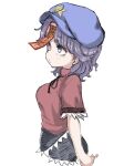  1girl black_ribbon black_skirt blue_eyes blue_hat breasts cabbie_hat closed_mouth commentary_request cowboy_shot expressionless hat hat_ornament jiangshi lace-trimmed_sleeves lace_trim looking_afar medium_breasts miyako_yoshika neck_ribbon ofuda purple_hair red_shirt ribbon shika_miso shirt short_hair short_sleeves simple_background skirt solo star_(symbol) star_hat_ornament touhou white_background 