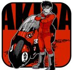  1boy akira_(manga) boots closed_mouth commentary_request copyright_name crossed_arms drops_bkr full_body goggles jacket kaneda_shoutarou&#039;s_bike kaneda_shoutarou_(akira) long_sleeves looking_to_the_side male_focus motor_vehicle motorcycle pants red_eyes red_jacket red_pants sideways_glance smirk solo standing 