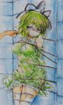  bdsm bondage bound breasts colored_pencil_(medium) green_hair green_skirt hat highres large_breasts nichibotsu_(kitaziman) pee peeing peeing_self short_hair skirt soga_no_tojiko tate_eboshi tears thighhighs torn_clothes torn_legwear touhou traditional_media white_legwear 