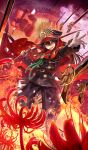  1girl :d antique_firearm belt black_belt black_hair black_hat black_jacket black_pants buttons cape commentary fate/grand_order fate_(series) floating floating_object floating_weapon flower full_body gloves gudaguda_meiji_ishin gun hair_between_eyes hat holding holding_sword holding_weapon jacket katana lack long_hair long_sleeves looking_at_viewer military_uniform musket oda_nobunaga_(fate) oda_nobunaga_(koha-ace) oda_uri official_art open_mouth pants peaked_cap petals red_cape red_flower red_spider_lily red_theme sheath skeleton smile solo spider_lily standing sword teeth third-party_source upper_teeth_only v-shaped_eyebrows weapon white_gloves 