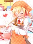  apron blonde_hair blush book bookmark bowl calendar_(object) chocolate chocolate_making closed_eyes fang hair_ribbon head_scarf heart highres kitchen_scale kuroyume_(dark495) long_sleeves open_book open_mouth plaid plaid_apron recipe_(object) ribbon rumia short_hair solo spatula spoken_heart touhou valentine weighing_scale wooden_spoon 