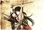  akagi_(kancolle) black_hair blue_eyes bow_(weapon) brown gloves japanese_clothes kantai_collection long_hair tsukumo weapon 