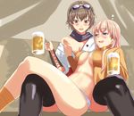  ahoge alcohol bad_id bad_pixiv_id beer blue_eyes blush breasts brown_eyes brown_hair drunk goggles goggles_on_head goji_(five_clock) hanna-justina_marseille japanese_clothes katou_keiko large_breasts multiple_girls off_shoulder open_clothes open_mouth open_shirt panties pink_hair shirt thighhighs underwear world_witches_series yuri 