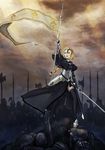  absurdres armor armored_dress army blonde_hair blue_eyes braid capelet corpse dress fate/apocrypha fate_(series) flag gauntlets headpiece highres jeanne_d'arc_(fate) jeanne_d'arc_(fate)_(all) long_hair mek single_braid solo_focus sword thighhighs weapon 
