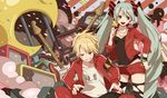  1girl blonde_hair blue_eyes bracelet electric_guitar green_eyes green_hair grin guitar hand_on_hip hatsune_miku instrument jewelry kagamine_len long_hair necklace open_mouth short_shorts shorts smile sunaya thighhighs torn_clothes torn_legwear twintails very_long_hair vocaloid 