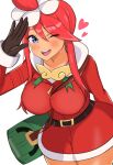  1girl ;d amrbatafri bag belt between_breasts black_belt blue_eyes blush breasts brown_gloves commentary_request cowboy_shot dress gloves hair_ornament heart highres large_breasts looking_at_viewer official_alternate_costume one_eye_closed open_mouth paid_reward_available pokemon pokemon_bw red_hair salute santa_costume santa_dress short_dress short_hair_with_long_locks shoulder_bag sidelocks simple_background skyla_(holiday_2020)_(pokemon) skyla_(pokemon) smile solo standing strap_between_breasts teeth upper_teeth_only white_background 