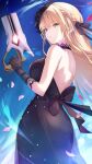  1girl back_bow black_dress black_gloves blonde_hair blue_sky bow braid dress funeral_dress gloves green_eyes gun half_up_braid handgun heaven_burns_red highres long_hair netarou_(shinra) ribbon sky solo toujou_tsukasa weapon 