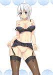  blue_eyes blush bra bra_pull breasts censored fairy_tail garter_belt large_breasts lisanna_strauss looking_at_viewer navel nipples no_panties pussy short_hair silver_hair simple_background solo thighhighs underwear xsorax812 