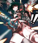 action android bad_id bad_pixiv_id black_hair black_panties blue_eyes clenched_teeth cybernetic_parts damaged dismemberment firing from_below gun guro holding holding_gun holding_knife holding_weapon hose injury knife ladic original panties shell_casing solo sound_effects submachine_gun teeth underwear weapon 