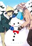  bow bowtie brown_hair bucket coat gloves grey_hair hat ikari_shinji male_focus mittens multiple_boys nagisa_kaworu neon_genesis_evangelion satori_(mari) smile snow snowman winter winter_clothes winter_coat 