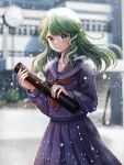  1girl alternate_costume black_sailor_collar black_serafuku blush collarbone commentary_request diploma diploma_tube dot_nose green_eyes green_hair hair_ornament holding holding_diploma kochiya_sanae kyabekko long_hair long_sleeves looking_at_viewer neckerchief pleated_skirt red_neckerchief sailor_collar school school_uniform serafuku single_sidelock skirt skirt_set smile snake_hair_ornament snowing solo touhou upper_body wide_sleeves 